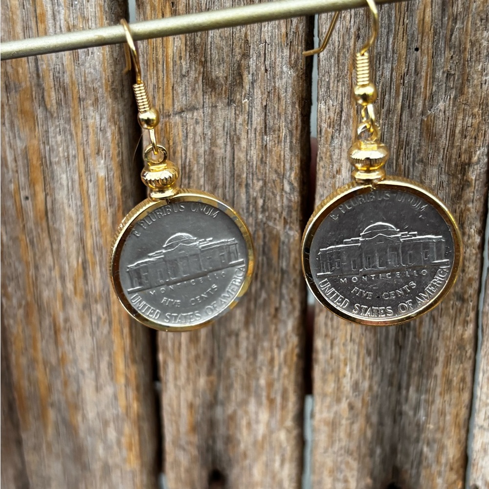 Gold-Tone Monticello nickel Coin Drop Earrings with Silver Coin Accents